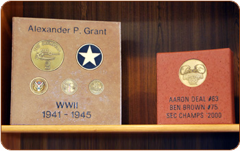 engraved bricks with brass medallions