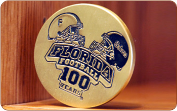 brass medallion close up